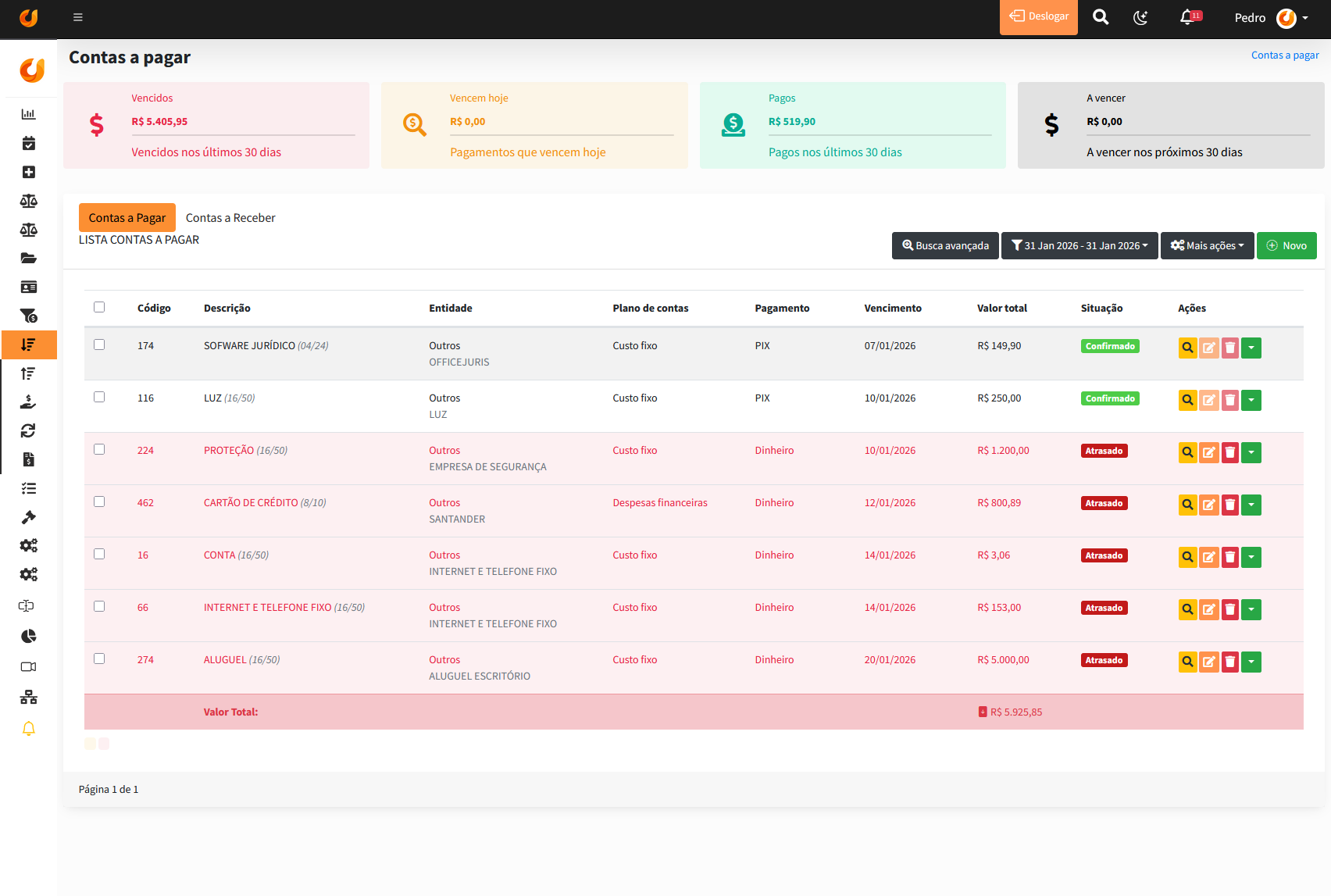 Print do financeiro do OfficeJuris