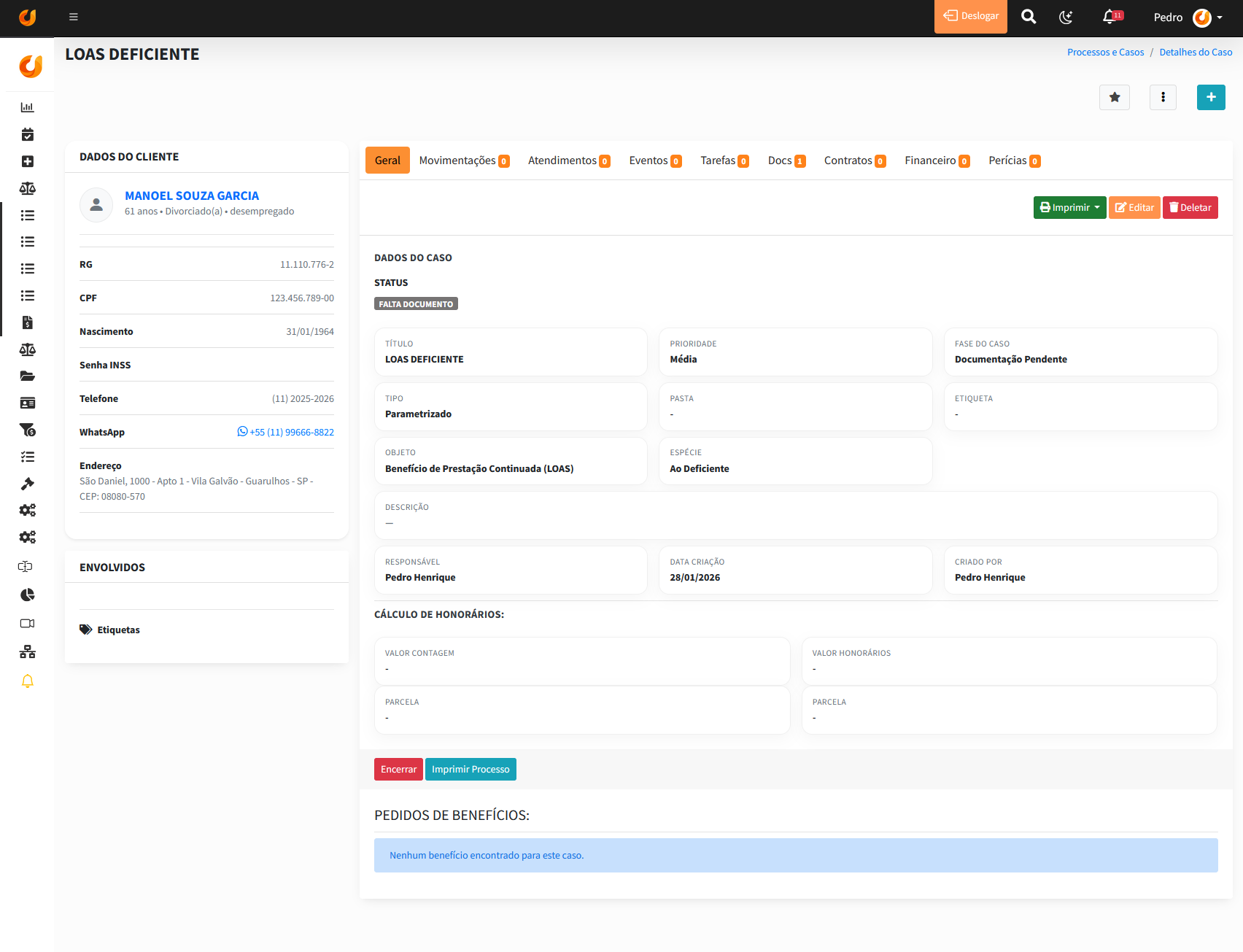 Print da tela de processos e casos do OfficeJuris