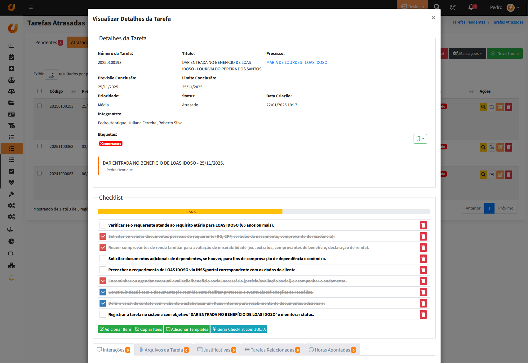 Print de tarefas do OfficeJuris